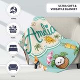 Cute Summer Beach Cartoon Kids Surf Pineapple Mint Background  Personalised Custom Name Super Soft Fleece Blanket Bed Sofa Throw