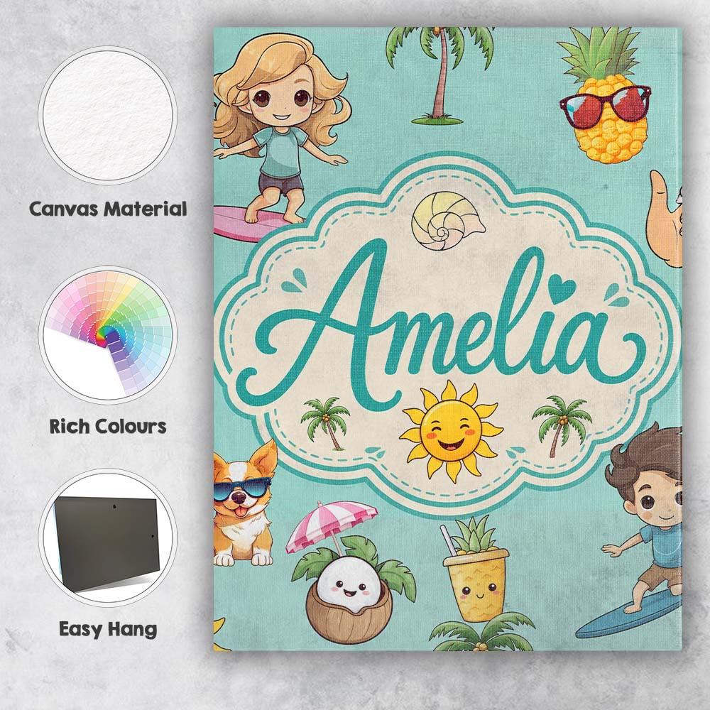 Personalised Name Cute Summer Beach Cartoon Custom  Bespoke Interior Contemporary Canvas Wall Art Print Decor Picture Ready to Hang