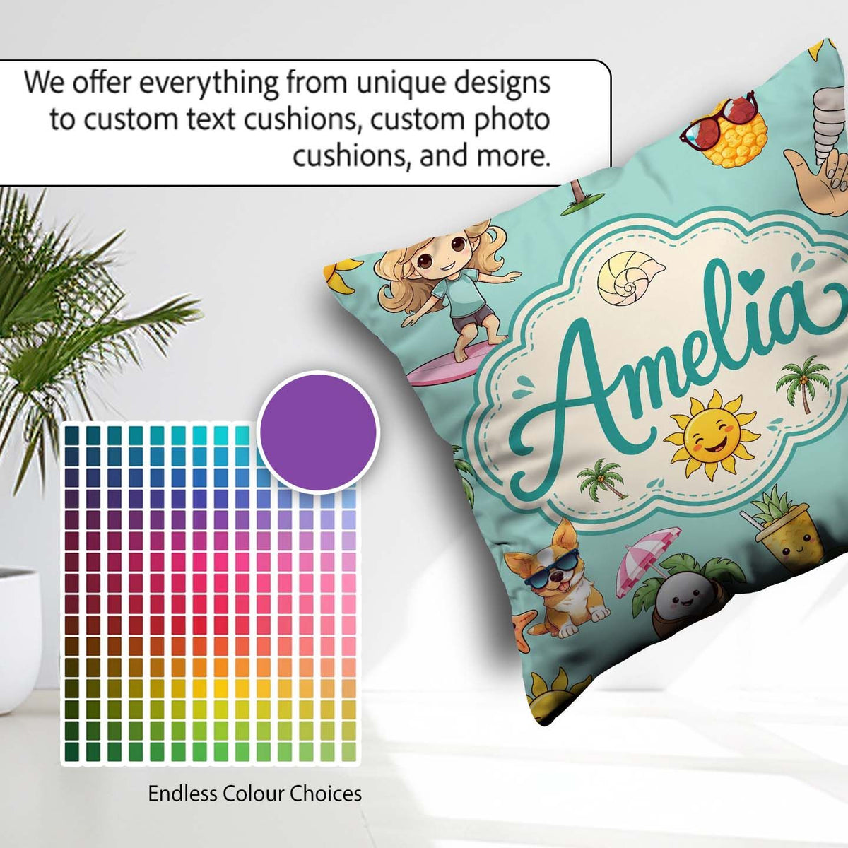 Custom Name Cute Summer Beach Cartoon Kids Surf Mint Background Square Filled Cushion Throw Pillow Sofa Bed Home Decor Zip Washable UK Made