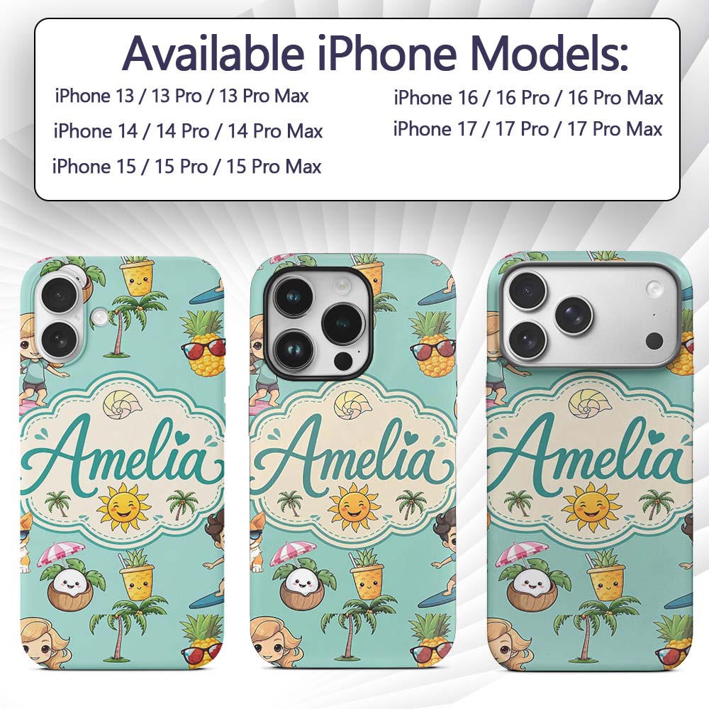 Cute Summer Beach Cartoon Kids Surf Pineapple Custom Name Protective Phone Case Mobile Cover Durable Everyday Smartphone Shock Resistant