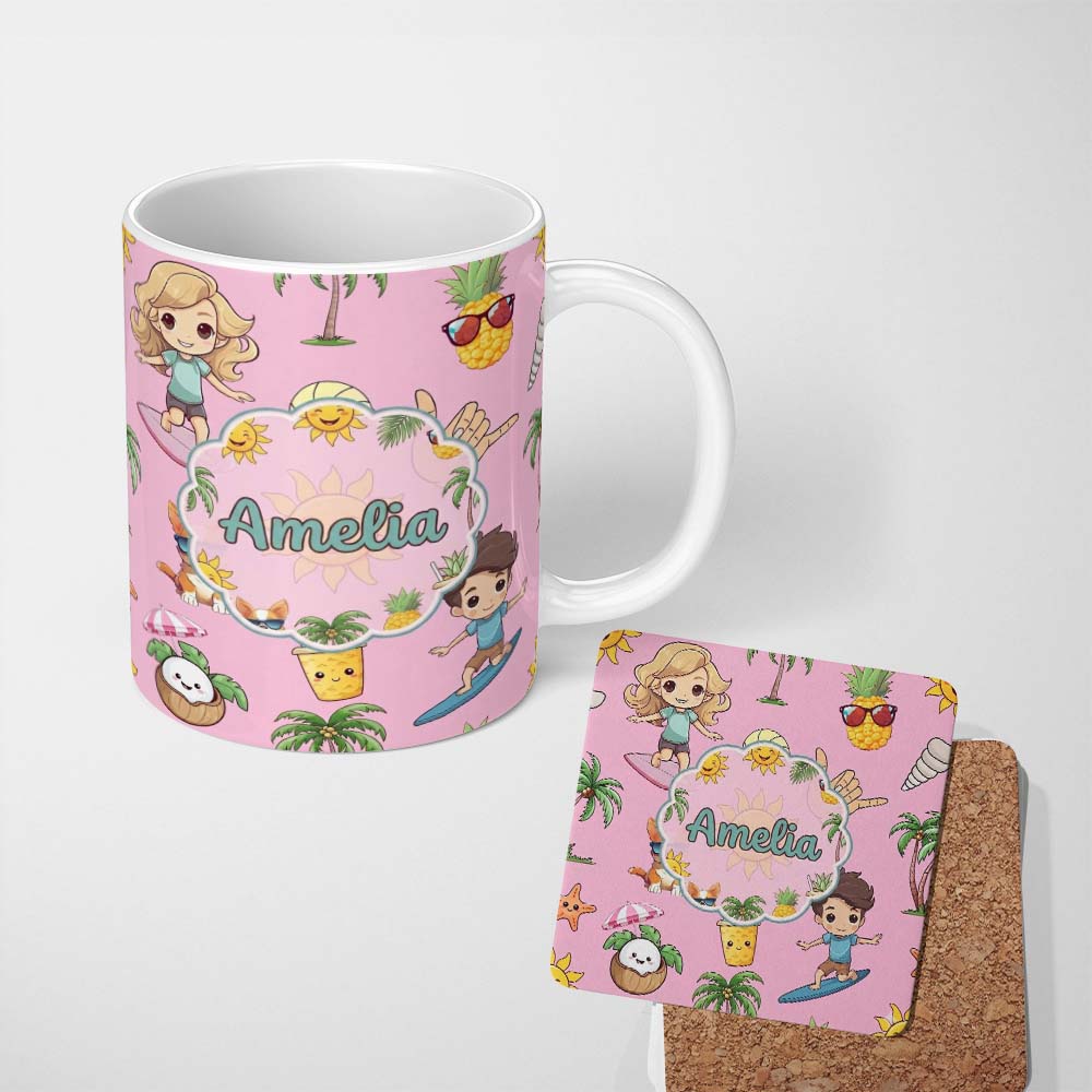 Personalized Custom Name Cute Summer Beach Cartoon Kids Surf Pineapple Pink Background 11oz Ceramic Coffee Tea Mug White Large Handle