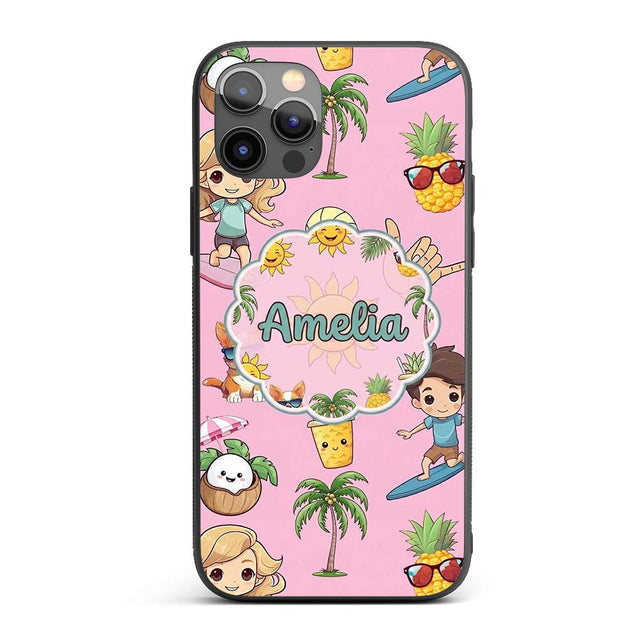 Cute Summer Beach Cartoon Kids Surf Pineapple Custom Name Protective Phone Case Mobile Cover Durable Everyday Smartphone Shock Resistant