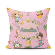 Custom Name Cute Summer Beach Cartoon Kids Surf Pink Background Square Filled Cushion Throw Pillow Sofa Bed Home Decor Zip Washable UK Made