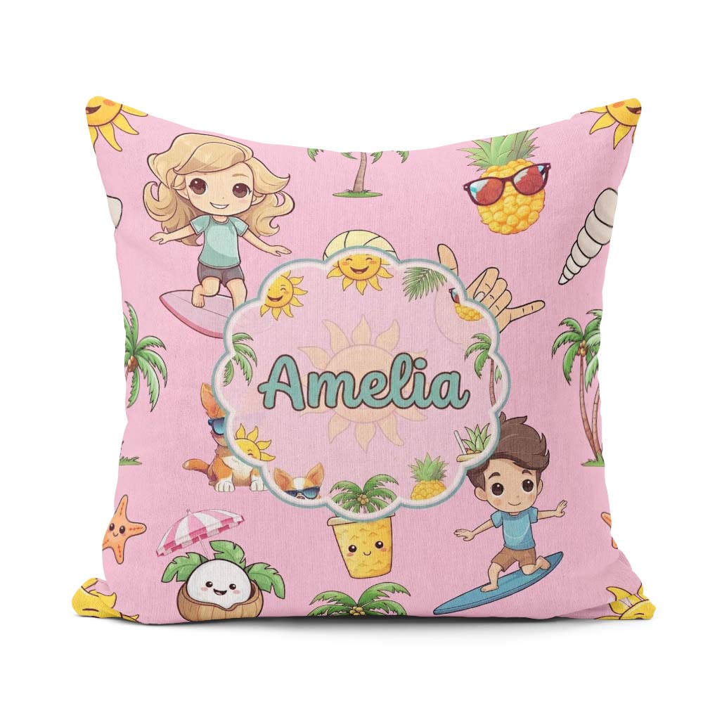 Custom Name Cute Summer Beach Cartoon Kids Surf Pink Background Square Filled Cushion Throw Pillow Sofa Bed Home Decor Zip Washable UK Made