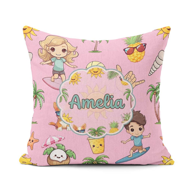 Custom Name Cute Summer Beach Cartoon Kids Surf Pink Background Square Filled Cushion Throw Pillow Sofa Bed Home Decor Zip Washable UK Made