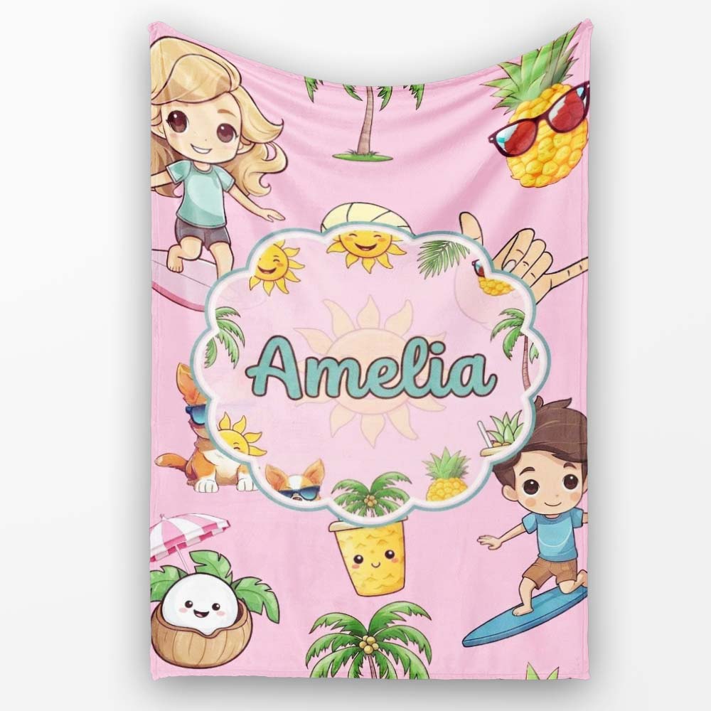 Cute Summer Beach Cartoon Kids Surf Pineapple Pink Background  Personalised Custom Name Super Soft Fleece Blanket Bed Sofa Throw