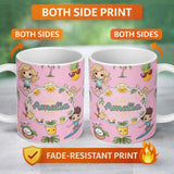 Personalized Custom Name Cute Summer Beach Cartoon Kids Surf Pineapple Pink Background 11oz Ceramic Coffee Tea Mug White Large Handle