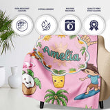 Cute Summer Beach Cartoon Kids Surf Pineapple Pink Background  Personalised Custom Name Super Soft Fleece Blanket Bed Sofa Throw