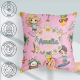 Custom Name Cute Summer Beach Cartoon Kids Surf Pink Background Square Filled Cushion Throw Pillow Sofa Bed Home Decor Zip Washable UK Made
