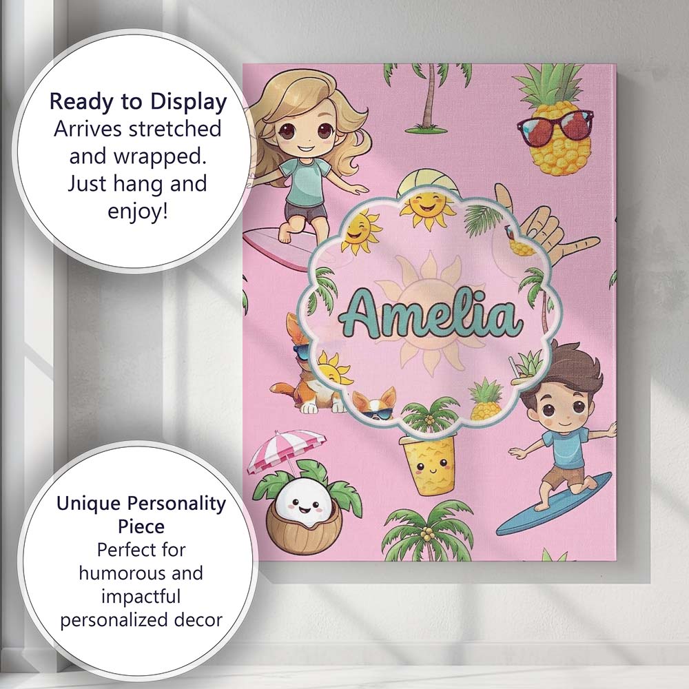 Personalised Name Cute Summer Beach Cartoon Custom  Bespoke Interior Contemporary Canvas Wall Art Print Decor Picture Ready to Hang