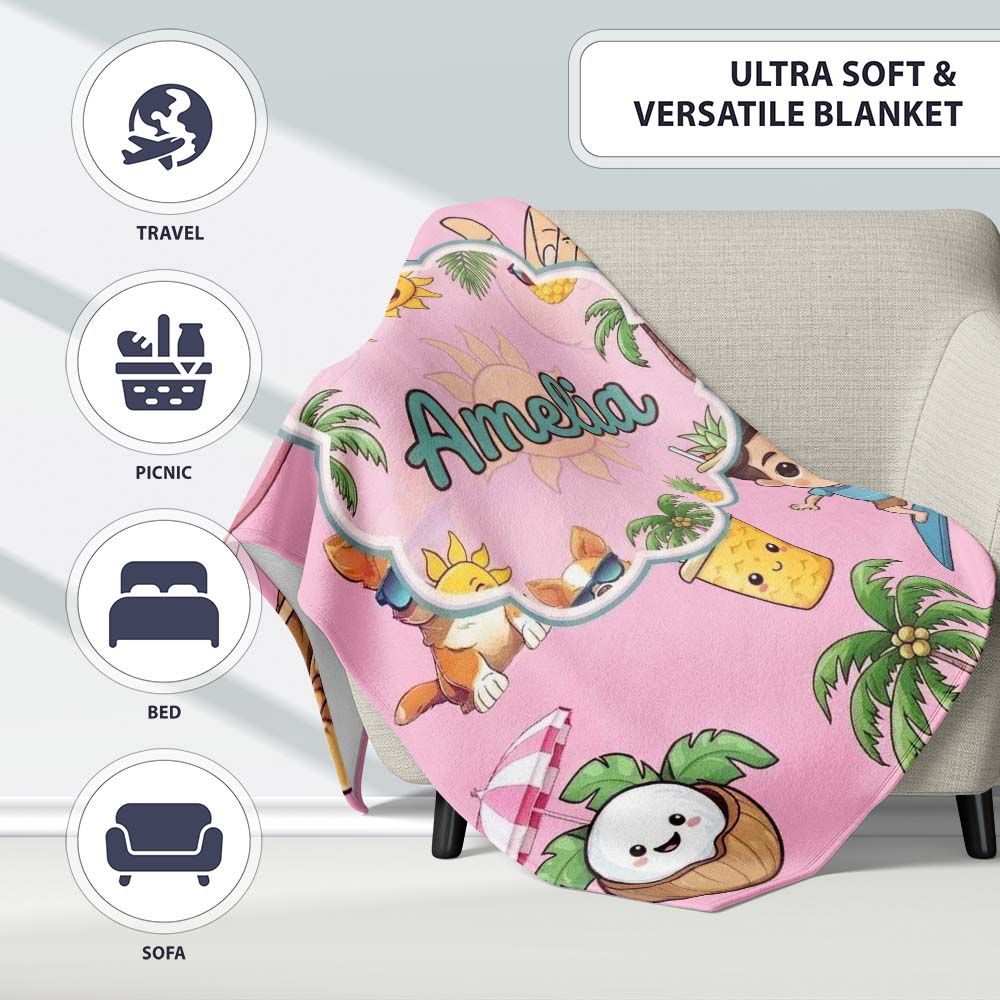 Cute Summer Beach Cartoon Kids Surf Pineapple Pink Background  Personalised Custom Name Super Soft Fleece Blanket Bed Sofa Throw
