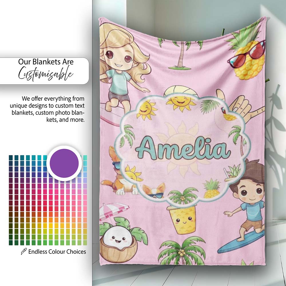 Cute Summer Beach Cartoon Kids Surf Pineapple Pink Background  Personalised Custom Name Super Soft Fleece Blanket Bed Sofa Throw