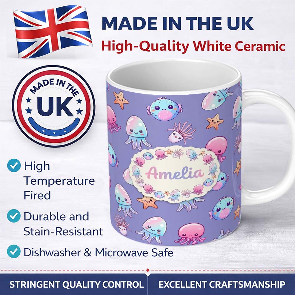 Personalized Custom Name Jellyfish Starfish and Cute Sea Creatures Lavender Purple Background 11oz Ceramic Coffee Tea Mug White Large Handle