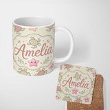 Personalized Custom Name Cute Sea Turtle and Starfish Pastel Ocean Seamless Pattern Name 11oz Ceramic Coffee Tea Mug White Large Handle