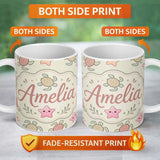 Personalized Custom Name Cute Sea Turtle and Starfish Pastel Ocean Seamless Pattern Name 11oz Ceramic Coffee Tea Mug White Large Handle