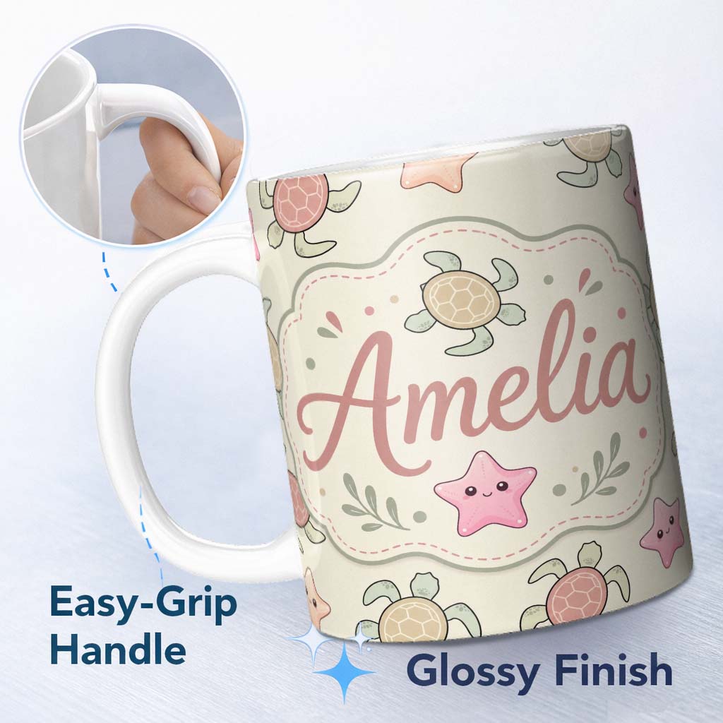 Personalized Custom Name Cute Sea Turtle and Starfish Pastel Ocean Seamless Pattern Name 11oz Ceramic Coffee Tea Mug White Large Handle