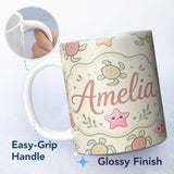 Personalized Custom Name Cute Sea Turtle and Starfish Pastel Ocean Seamless Pattern Name 11oz Ceramic Coffee Tea Mug White Large Handle