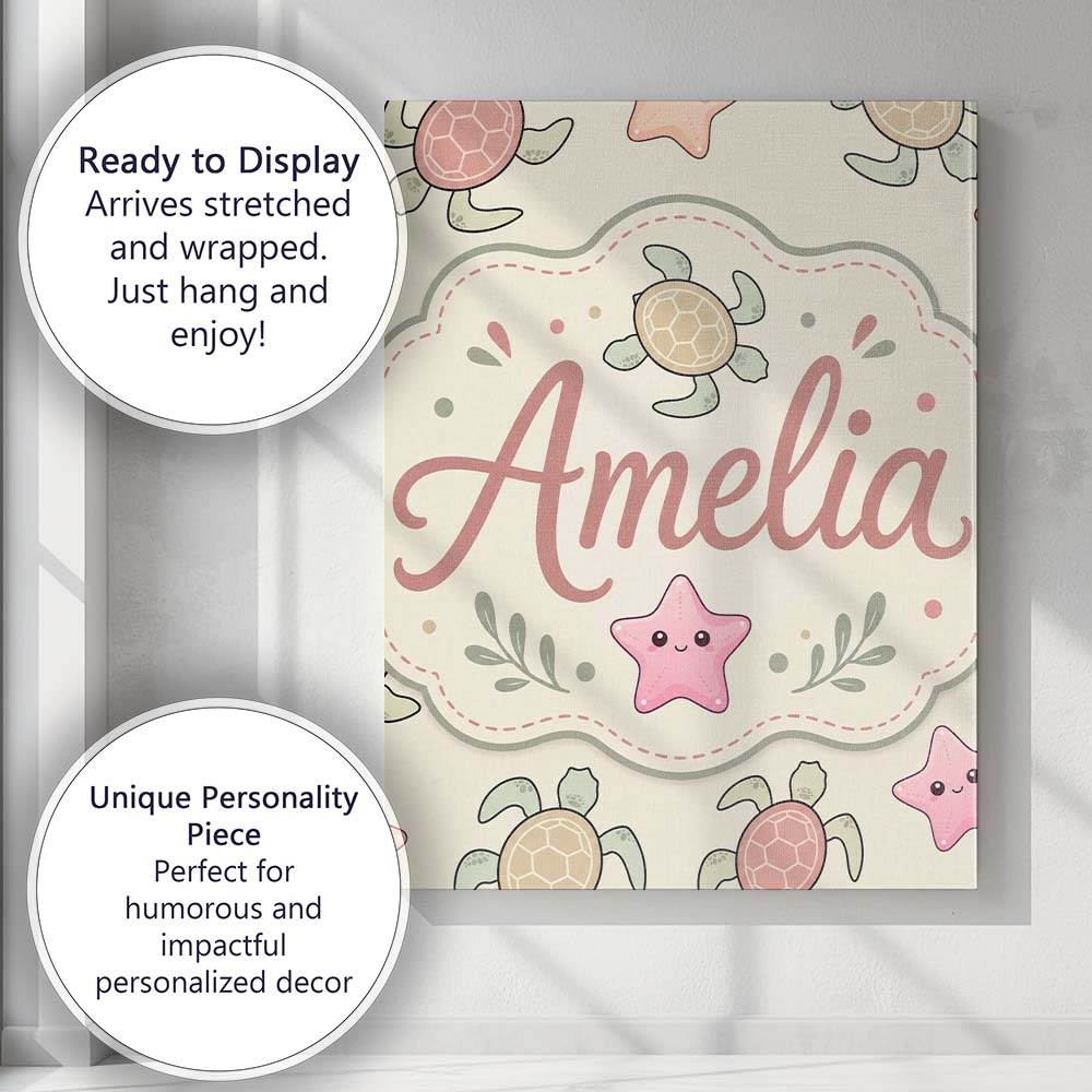 Personalised Name Cute Sea Turtle and Custom Modern Room Accent Creative Decorator Style Canvas Wall Art Print Decor Picture Ready to Hang