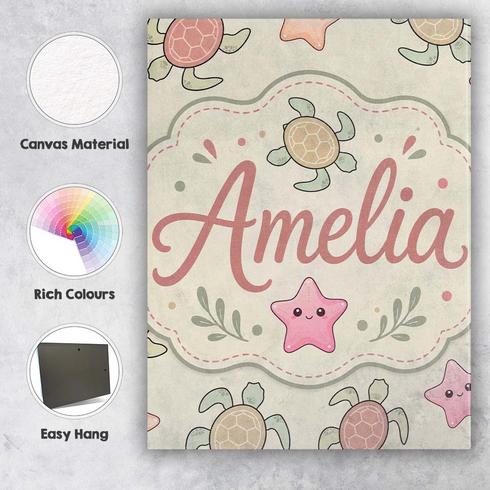 Personalised Name Cute Sea Turtle and Custom Modern Room Accent Creative Decorator Style Canvas Wall Art Print Decor Picture Ready to Hang