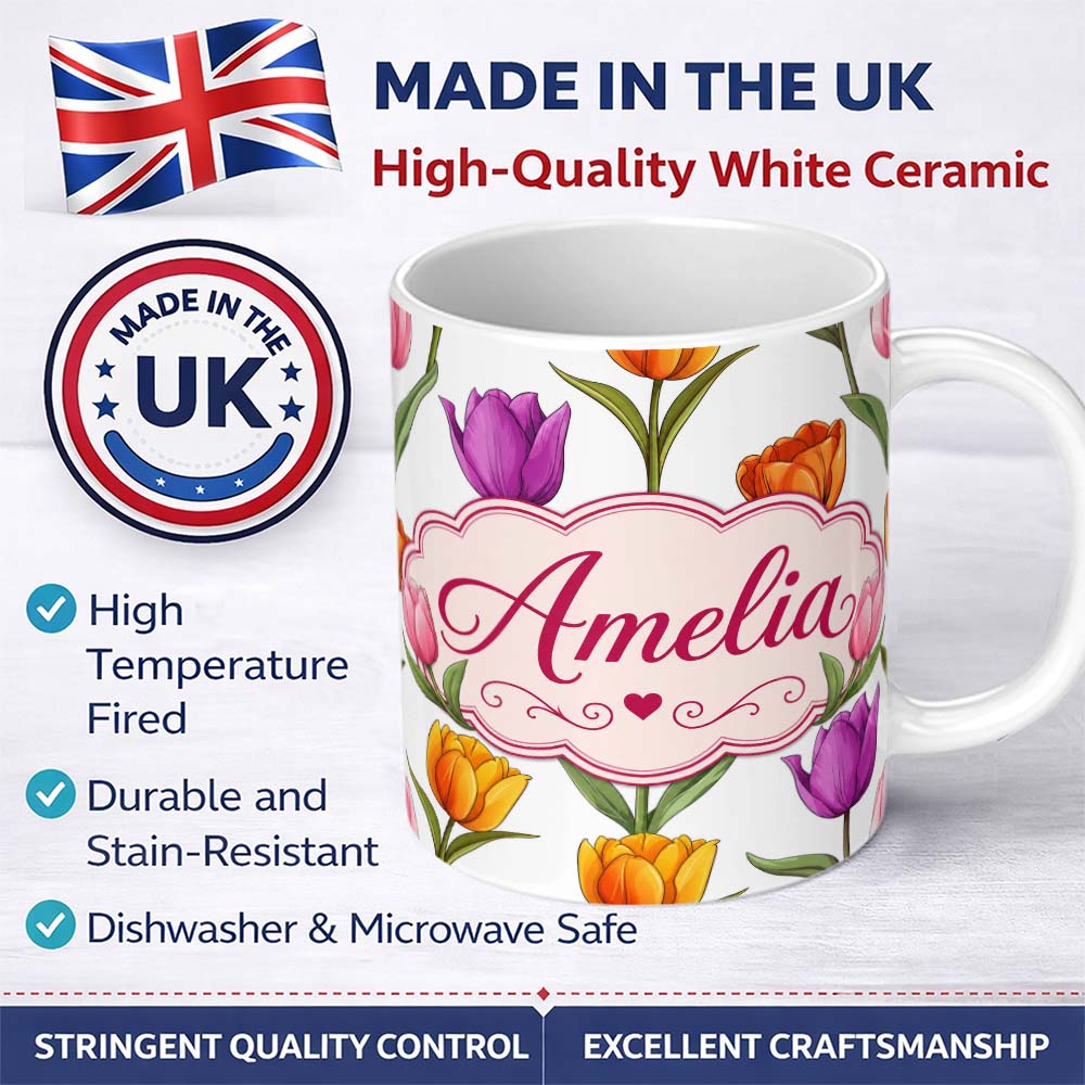 Personalized Custom Name Elegant Tulip Floral Seamless Pattern Light Grey Background Spring 11oz Ceramic Coffee Tea Mug White Large Handle