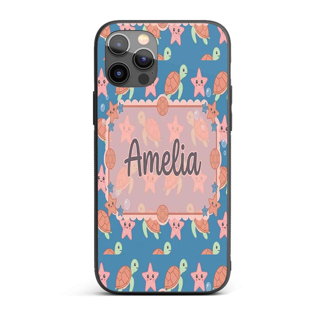 Cute Sea Turtle and Starfish Blue Ocean Seamless Custom Name Protective Phone Case Mobile Cover Durable Everyday Smartphone Shock Resistant