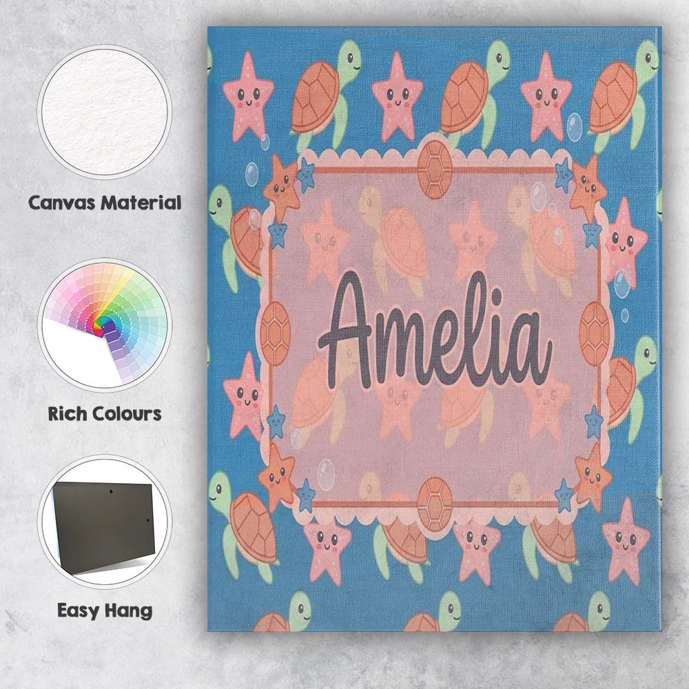 Personalised Name Cute Sea Turtle and Custom Modern Room Accent Creative Decorator Style Canvas Wall Art Print Decor Picture Ready to Hang