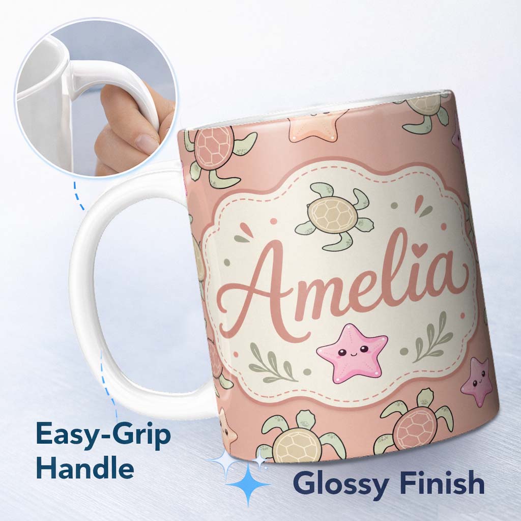 Personalized Custom Name Cute Sea Turtle and Starfish Coral Background Seamless Pattern 11oz Ceramic Coffee Tea Mug White Large Handle