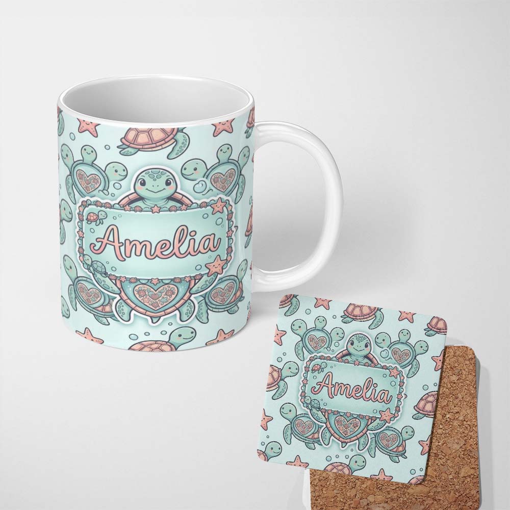 Personalized Custom Name Cute Sea Turtle and Starfish Teal Ocean Seamless Pattern Name 11oz Ceramic Coffee Tea Mug White Large Handle