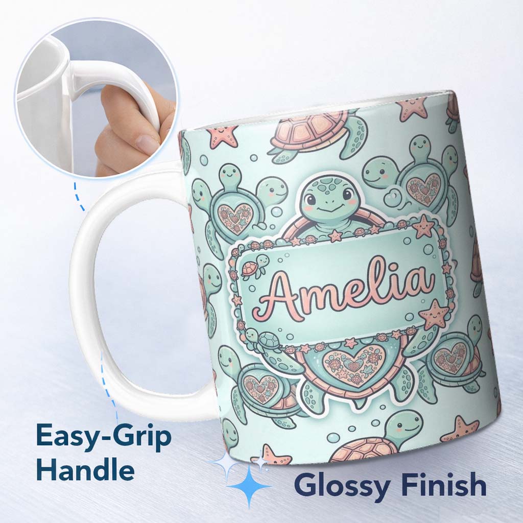 Personalized Custom Name Cute Sea Turtle and Starfish Teal Ocean Seamless Pattern Name 11oz Ceramic Coffee Tea Mug White Large Handle