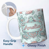 Personalized Custom Name Cute Sea Turtle and Starfish Teal Ocean Seamless Pattern Name 11oz Ceramic Coffee Tea Mug White Large Handle