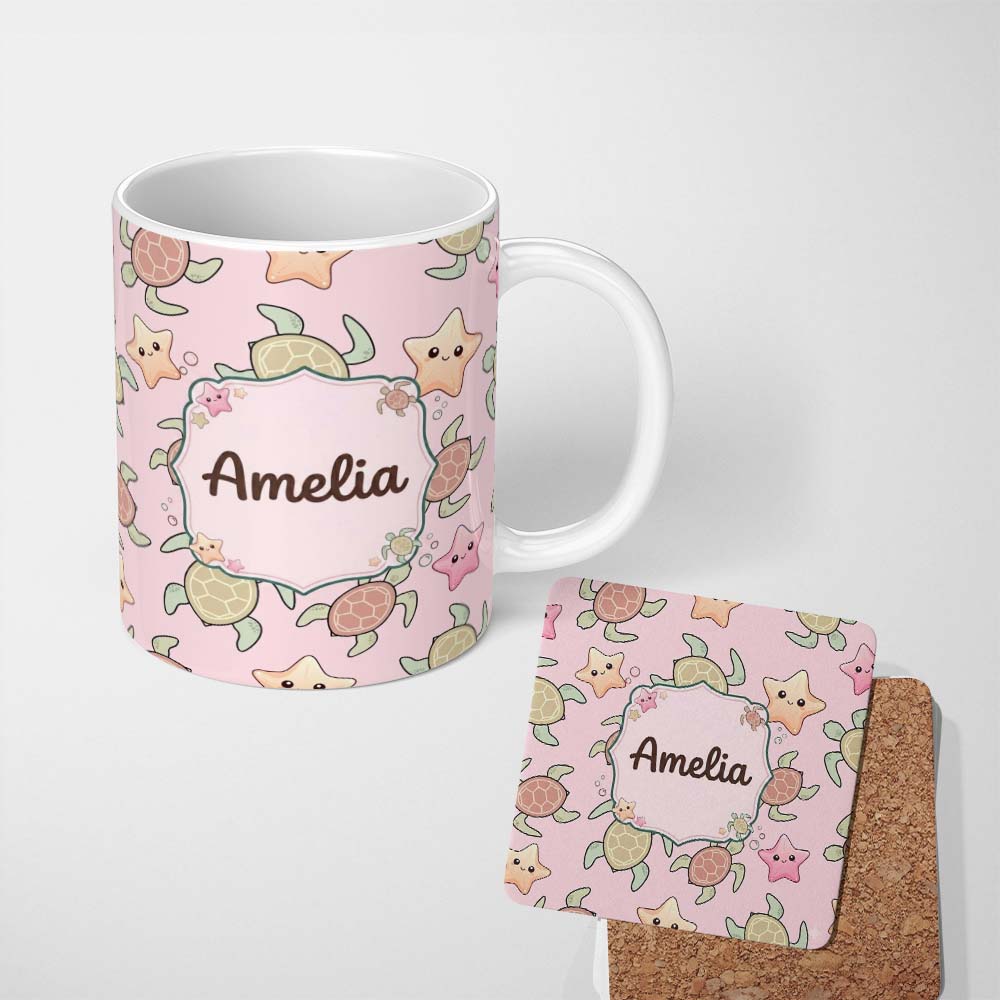 Personalized Custom Name Cute Sea Turtle and Starfish Soft Pink Ocean Seamless Pattern Name 11oz Ceramic Coffee Tea Mug White Large Handle