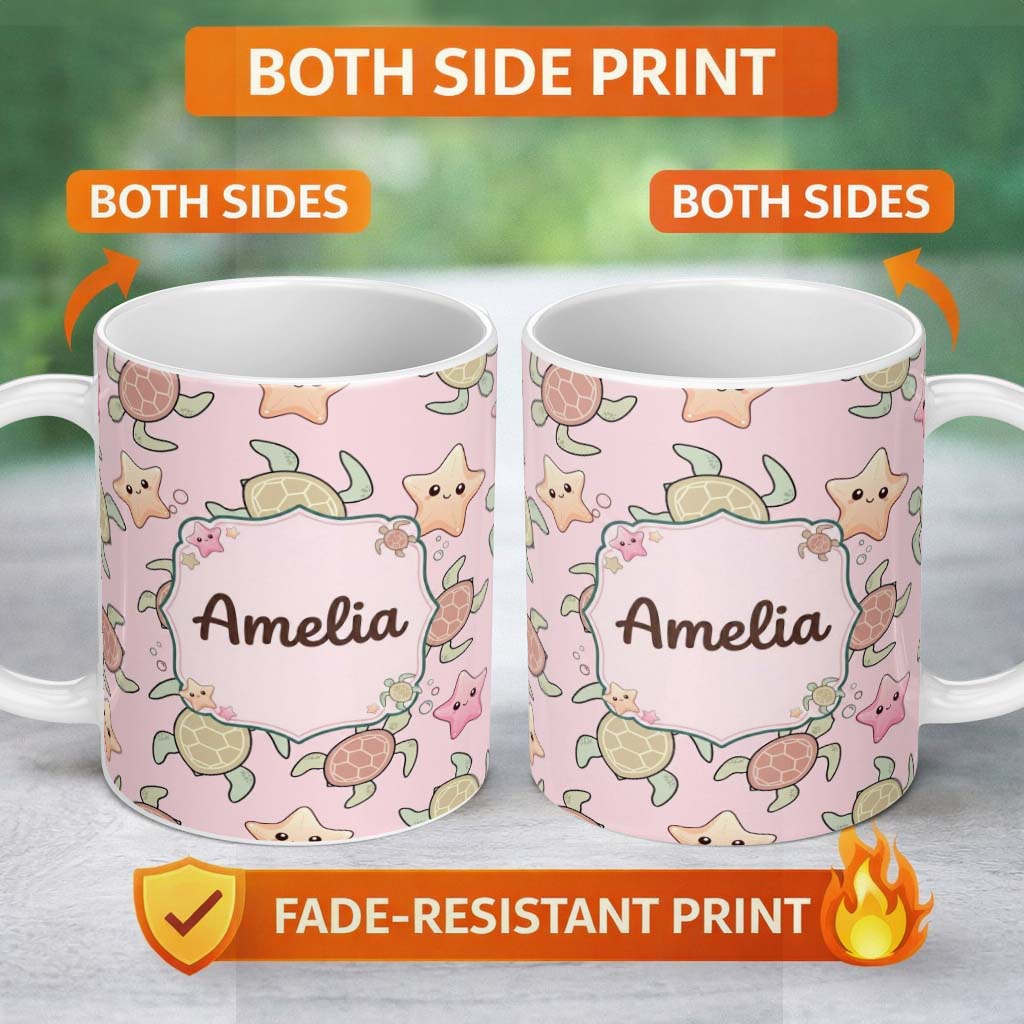 Personalized Custom Name Cute Sea Turtle and Starfish Soft Pink Ocean Seamless Pattern Name 11oz Ceramic Coffee Tea Mug White Large Handle