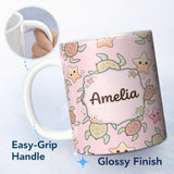 Personalized Custom Name Cute Sea Turtle and Starfish Soft Pink Ocean Seamless Pattern Name 11oz Ceramic Coffee Tea Mug White Large Handle