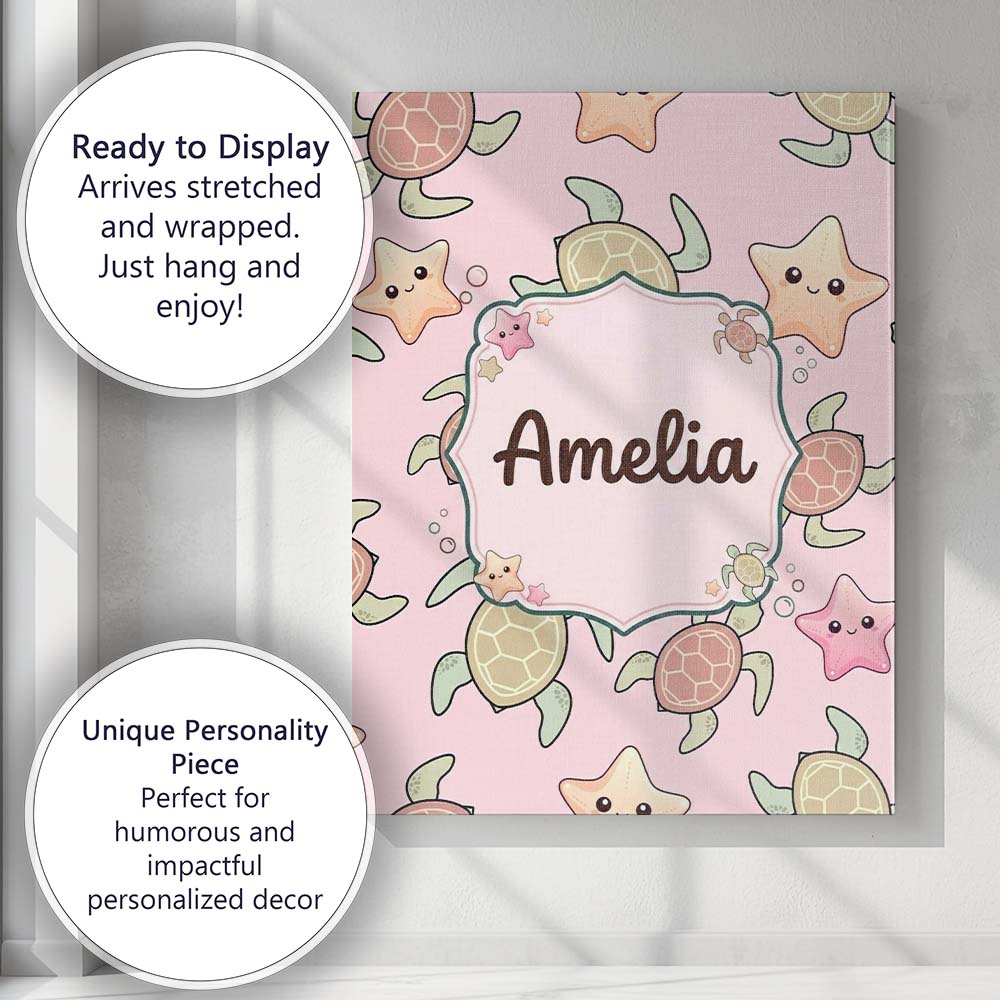 Personalised Name Cute Sea Turtle and Custom Modern Room Accent Creative Decorator Style Canvas Wall Art Print Decor Picture Ready to Hang