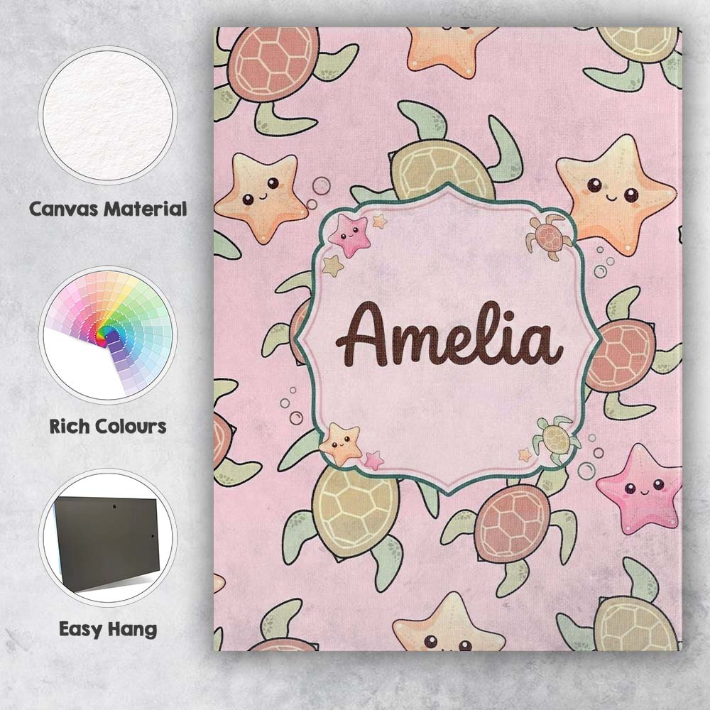 Personalised Name Cute Sea Turtle and Custom Modern Room Accent Creative Decorator Style Canvas Wall Art Print Decor Picture Ready to Hang