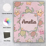 Personalised Name Cute Sea Turtle and Custom Modern Room Accent Creative Decorator Style Canvas Wall Art Print Decor Picture Ready to Hang