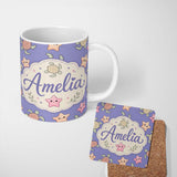 Personalized Custom Name Cute Sea Turtle and Starfish Purple Ocean Seamless Pattern Name 11oz Ceramic Coffee Tea Mug White Large Handle
