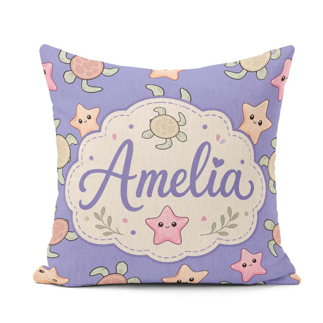 Custom Name Sea Turtle and Starfish Purple Seamless Pattern Name Square Filled Cushion Throw Pillow Sofa Bed Home Decor Zip Washable UK Made