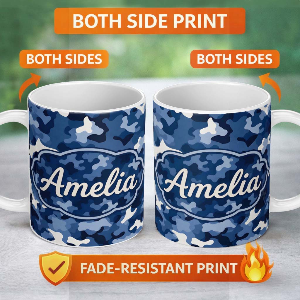 Personalized Custom Name Navy Blue Camouflage Layered Seamless Pattern Thoughtful Gift Idea 11oz Ceramic Coffee Tea Mug White Large Handle
