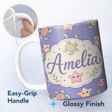 Personalized Custom Name Cute Sea Turtle and Starfish Purple Ocean Seamless Pattern Name 11oz Ceramic Coffee Tea Mug White Large Handle