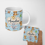 Personalized Custom Name Cute Cartoon Safari Animals with Stars on Soft Blue Background 11oz Ceramic Coffee Tea Mug White Large Handle