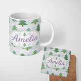 Personalized Custom Name Pastel Christmas Tree Snowflake Winter Landscape Seamless Pattern 11oz Ceramic Coffee Tea Mug White Large Handle