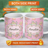Personalized Custom Name Cute Sea Turtle and Starfish Pastel Pink Ocean Seamless Pattern Name 11oz Ceramic Coffee Tea Mug White Large Handle