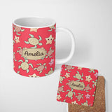Personalized Custom Name Cute Sea Turtle and Starfish Bright Red Ocean Seamless Pattern 11oz Ceramic Coffee Tea Mug White Large Handle