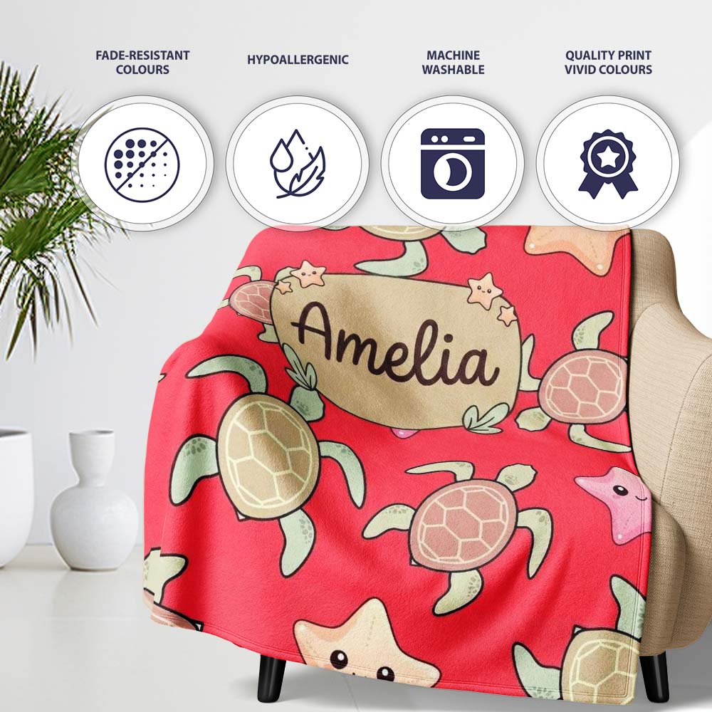 Cute Sea Turtle and Starfish Bright Red Ocean Seamless Pattern  Personalised Custom Name Super Soft Fleece Blanket Bed Sofa Throw