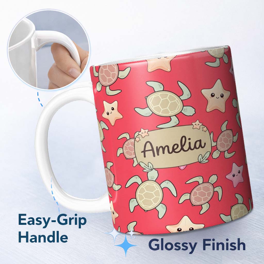 Personalized Custom Name Cute Sea Turtle and Starfish Bright Red Ocean Seamless Pattern 11oz Ceramic Coffee Tea Mug White Large Handle