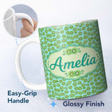 Personalized Custom Name Small Kiwi Slice Repeating Seamless Pattern on Blue Background 11oz Ceramic Coffee Tea Mug White Large Handle