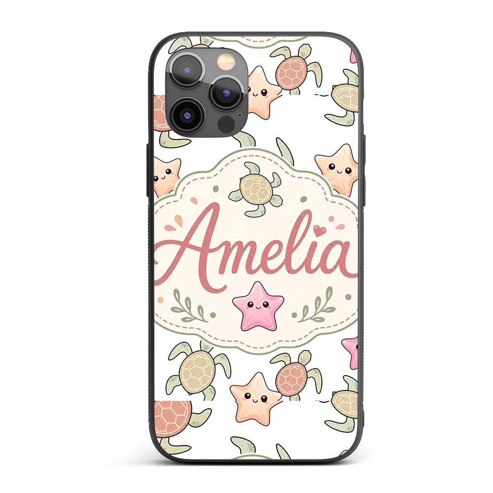 Cute Sea Turtle and Starfish Light Grey Ocean Custom Name Protective Phone Case Mobile Cover Durable Everyday Smartphone Shock Resistant