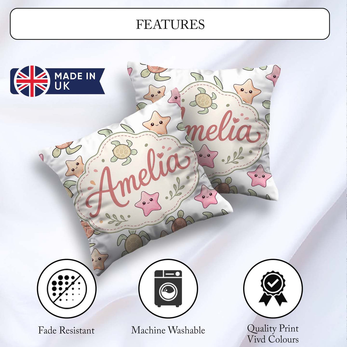 Custom Name Sea Turtle and Starfish Light Ocean Seamless Pattern Square Filled Cushion Throw Pillow Sofa Bed Home Decor Zip Washable UK Made