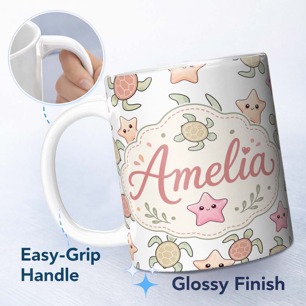 Personalized Custom Name Cute Sea Turtle and Starfish Light Grey Ocean Seamless Pattern 11oz Ceramic Coffee Tea Mug White Large Handle